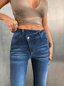 SHEIN Cottnline Quần jean ống loe cạp cao, cạp chéo, che khuyết điểm vòng bụng, giúp thon gọn vóc dáng. - Rửa tối - Xem 6