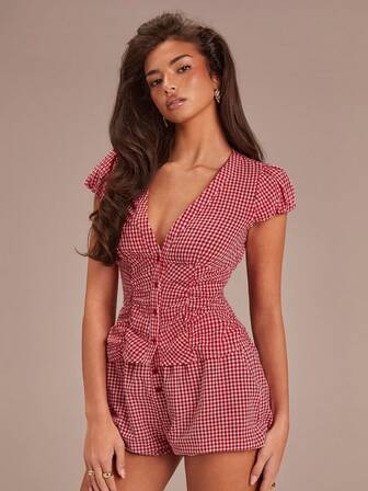 Athîral Women's V-Neck Plaid Single-Breasted Ruffle Sleeve Blouse