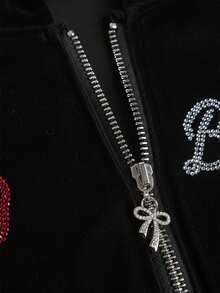 Betty Boop | ROMWE 女式 Y2K 天鹅绒卡通人物红唇水钻拉链连帽夹克和喇叭裤 2 件套 - 黑色 - 查看 7