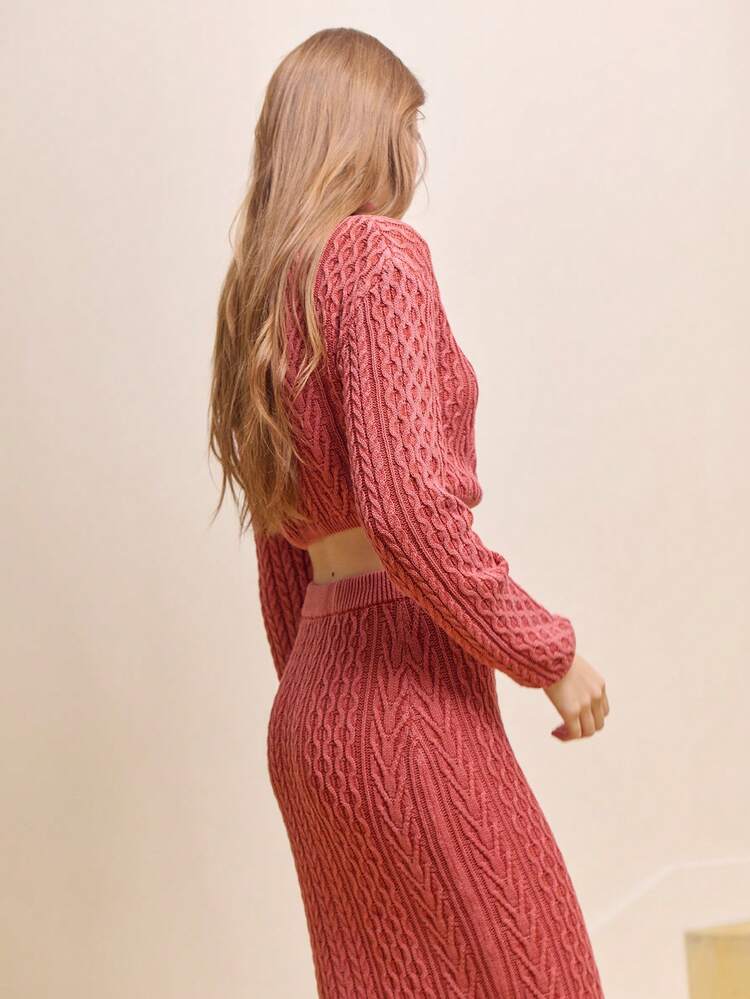 Red Fitted Cable-Knit High-Waist Skirt With Washed Effect Reds Brown Maxi Skirt Going Out Spring French Style Parisian Style