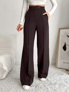 EURMUSE Women's Solid Color High Waist Toothpick Stripe Design Pocket Casual/Work Pants - Brown - View 1