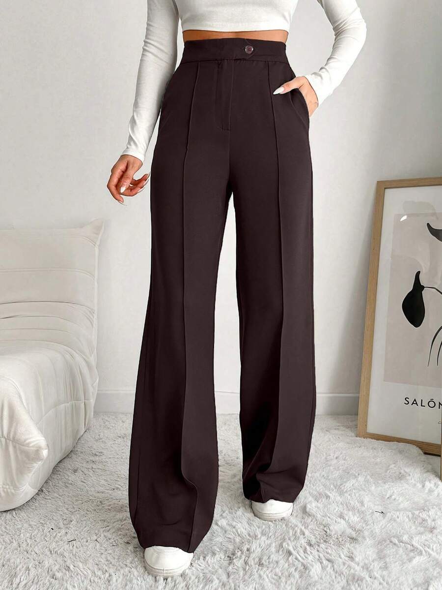 EURMUSE Women's Solid Color High Waist Toothpick Stripe Design Pocket Casual/Work Pants - Brown - View 1