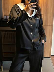 DAZY 2pcs Women Graphic Print Contrast Color Lapel Loose Cardigan & Pants Pajama Set - Black - View 4