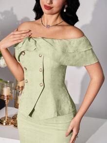 Modelyn Setelan 2 Potong Wanita: Atasan Kerah Ruffle Satu Bahu dan Rok Bodycon - Hijau - View 6