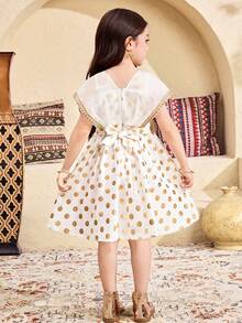 SHEIN Young Girl Gold Polka Dot V-Neck Sequin Ribbon Belt Decor Elegant Sleeveless Dress - White - View 4