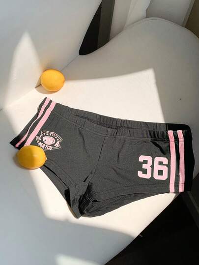 Comfortcana 女士黑色针织运动迷你短裤，休闲字母图案罗纹针织细节，运动短裤，骑行短裤，女士短裤