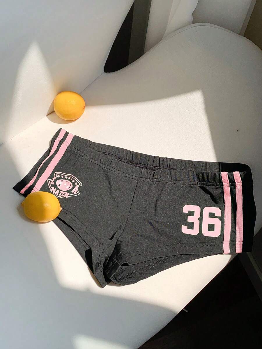 Comfortcana Quần short thể thao nữ màu đen dệt kim, kiểu dáng thường ngày, họa tiết chữ cái, chi tiết gân nổi, quần short thể thao, quần short biker, quần short nữ. - màu đen - Xem 1
