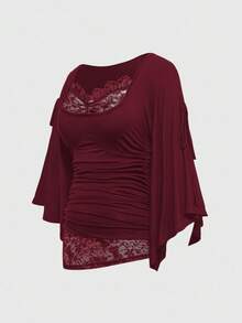 ROMWE Goth Spring/Summer Plus Size Loose Batwing Sleeve Lace Trim Scoop Neck T-Shirt For Women  Valentine's Day - Burgundy - View 3