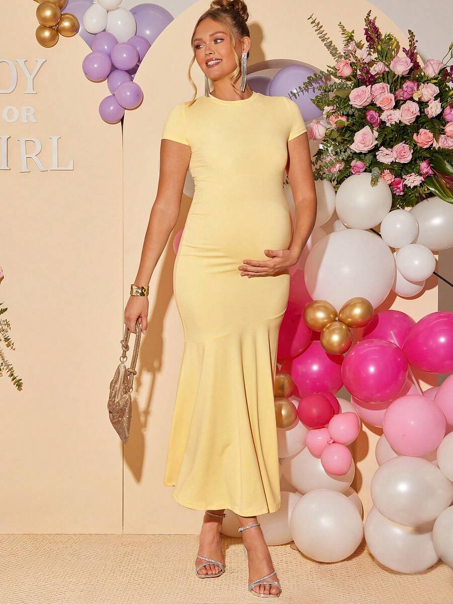Loomaby 孕妇纯色圆领插肩短袖舒适荷叶边下摆长款休闲连衣裙 - 黃色 - 查看 1