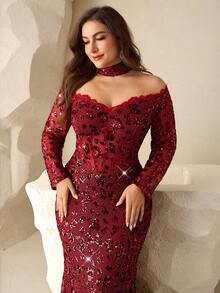 Coutiva Plus Size Women's Burgundy Spring Elegant Evening Formal Dress,Off-Shoulder Lace Patchwork Sequin Gown With Detachable Collar And Faux Fishbone - Burgundy - View 8