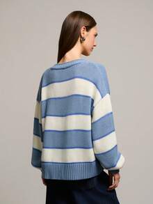 Nöista Oversized Blue And White Stripe Cardigan With Scarf Detail,Long Sleeves,Contrast Buttons.Casual,Back-To-School,School Autumn Layering For Spring - Blue - View 2