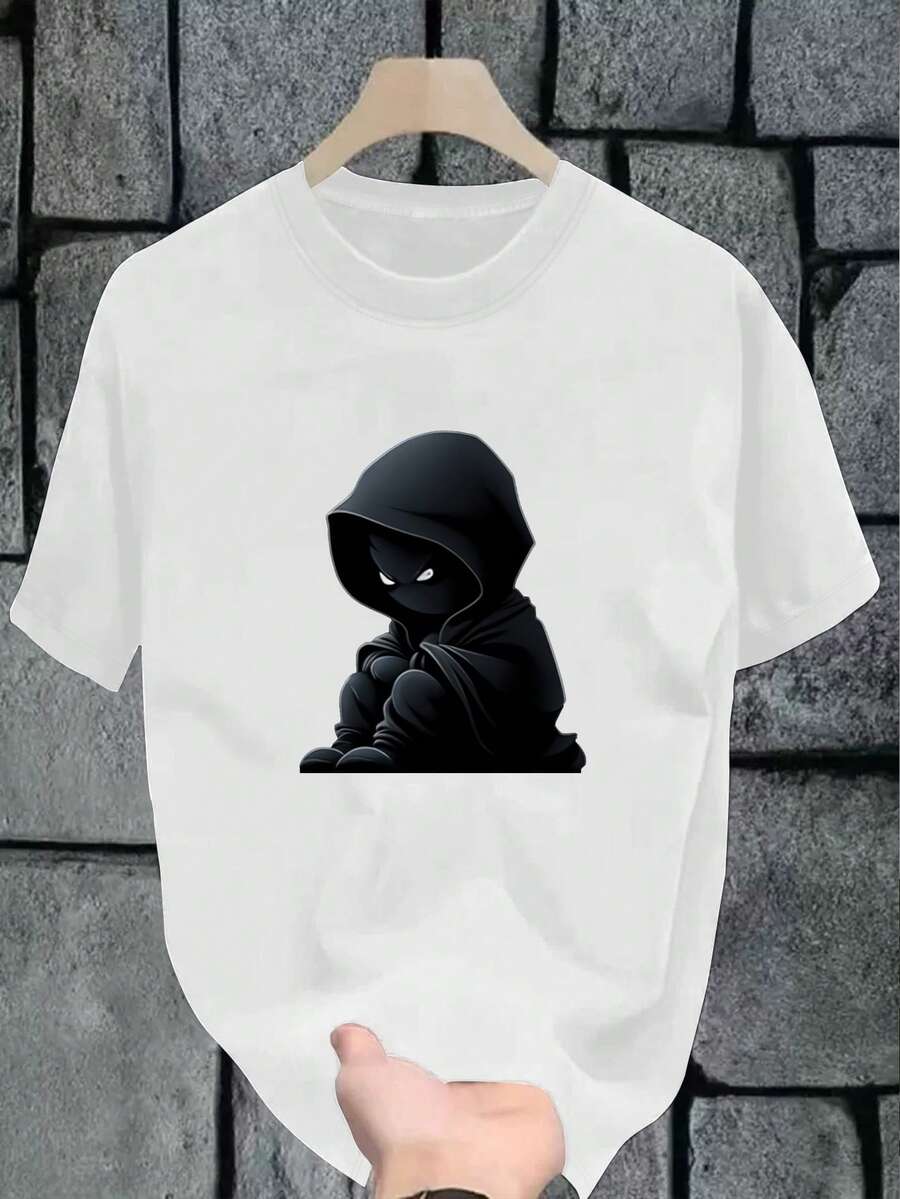 SHEIN Camiseta casual de manga corta con cuello redondo y estampado de dibujos animados, versátil y de moda para hombres - Blanco - Ver 1