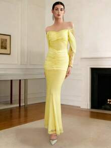 Elenzga Nuevo vestido largo elegante para mujer, vestido de noche ajustado y sexy con diseño calado, vestido de fiesta de manga larga fruncido de moda - Amarillo - Ver 7