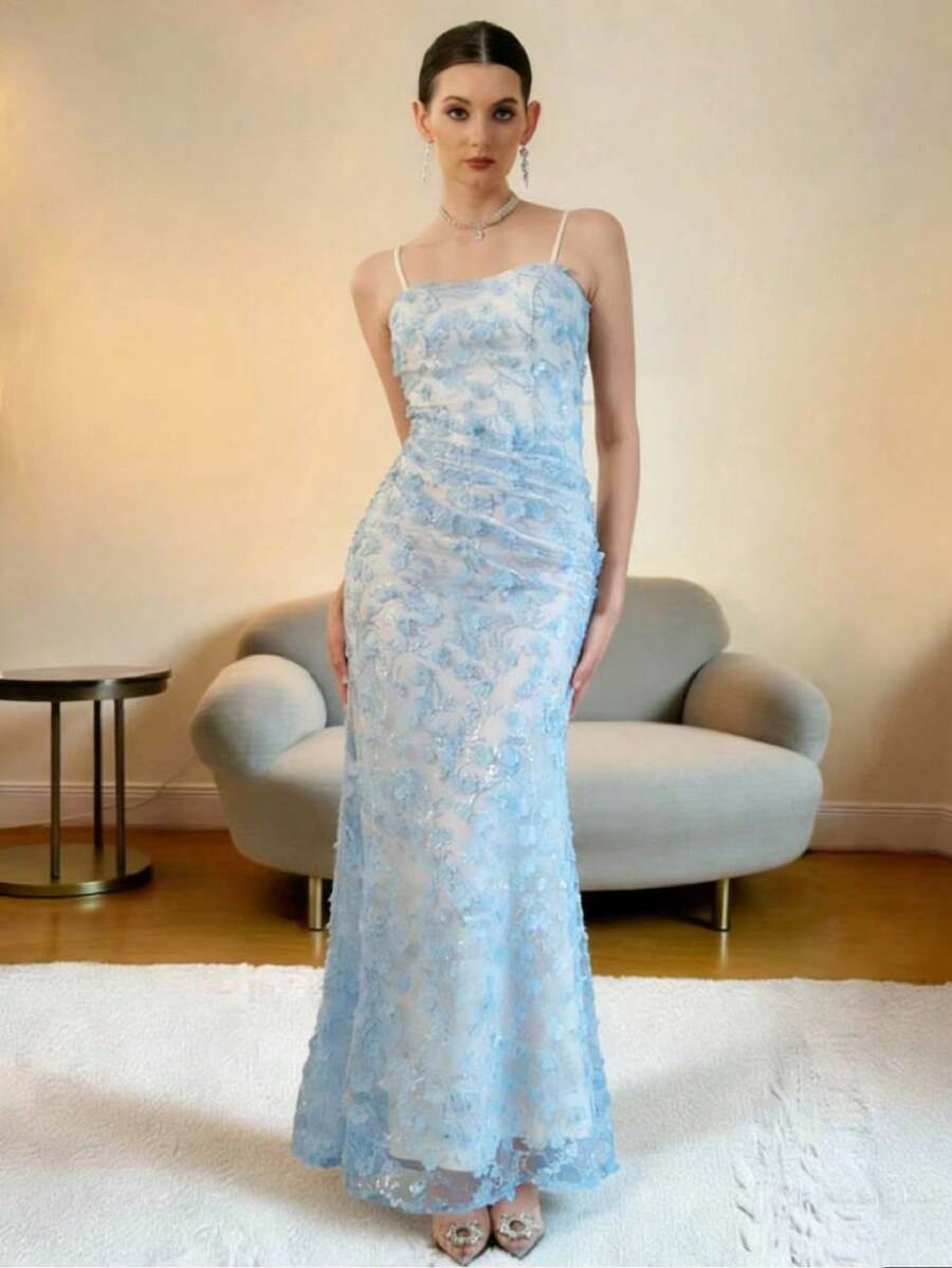 Elenzga French New Sequin Lace Mesh Sheer Backless Dress, Sexy See-Through Strapless High-End Evening Gown, Unique Fashion Elegant Long Evening Dress - Blue - View 1