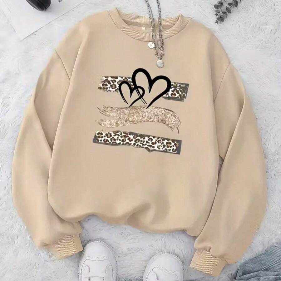 Mujer sudadera casual animal print corazones gráfico tela suave holgada cuello redondo manga larga otoño invierno diario Sweatshirt,Corazon, san valentin, amor, 14 de febrero, estampado animal - Caqui - Ver 1
