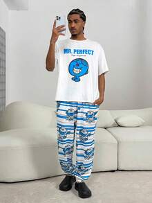 Mr Men Little Miss X SHEIN Conjunto de ropa de estar en casa de camiseta de manga corta y pantalones con estampado de letras y dibujos animados cómodos y lindos para hombres, para el verano - Multicolor - Ver 1