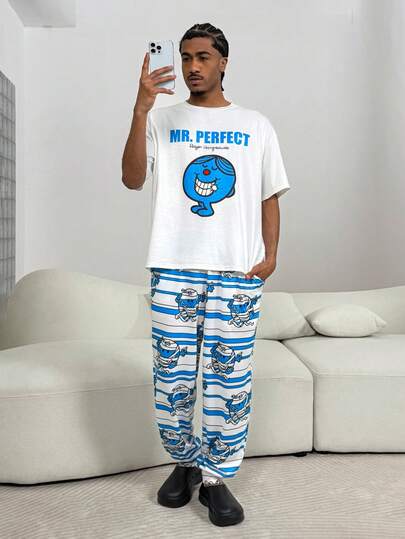 Mr Men Little Miss X SHEIN Herren bequemer, süßer Cartoon- und Buchstaben-Muster Kurzarm T-Shirt und Hose Loungewear Set, Sommer