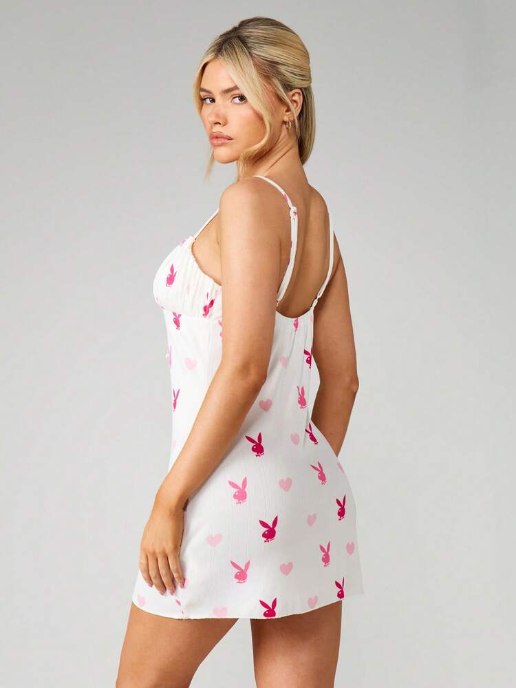 Missguided x Playboy Floral Print Bunny Motif Mini Sleep Dress With Spaghetti Straps And Tie Detail