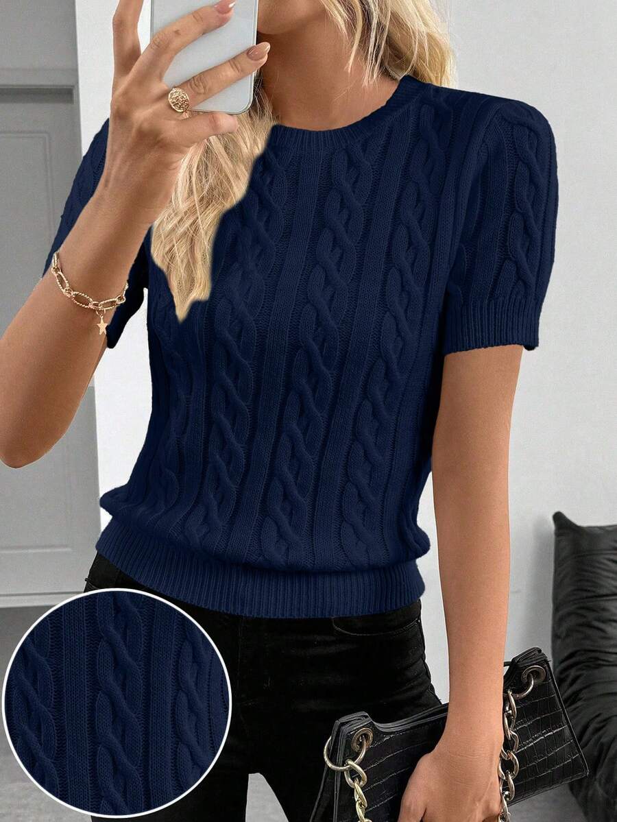 SHEIN Cottnline Blogger-Inspired Twist Rope Decor Round Neck Knit Sweater, Versatile Design, Autumn/Winter - Navy Blue - View 1