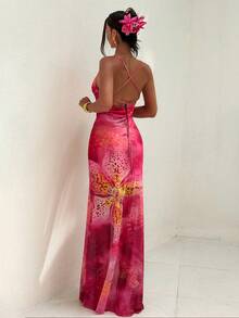 Aloruh Elegant Printed Sleeveless Backless Maxi Dress For Women, Summer/Spring/Summer Red Solid Color Dress For Best Friends/Cocktail Party/Back To School/Birthday Party/Club Party/Red Maxi Dress/Concert Costume/Women's Vacation Wear, Women's Summer Dress, Red Dress, Spring Dress, Tropical Floral Print Dress - Pink - View 4