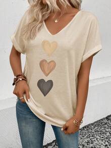 EMERY ROSE Women's V-Neck Flared Cuff, Ombre Heart Print Casual Versatile T-Shirt, Spring/Summer - Apricot - View 5