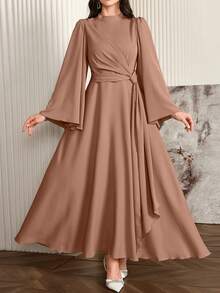 Modelyn Women Elegant Solid Color Bell Sleeve Arabic Dress, Autumn Long Evening Dresses - Khaki - View 7