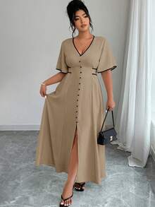 Elenzga Plus Size Color Block V-Neck High Slit Short Sleeve Dress - Khaki - View 1