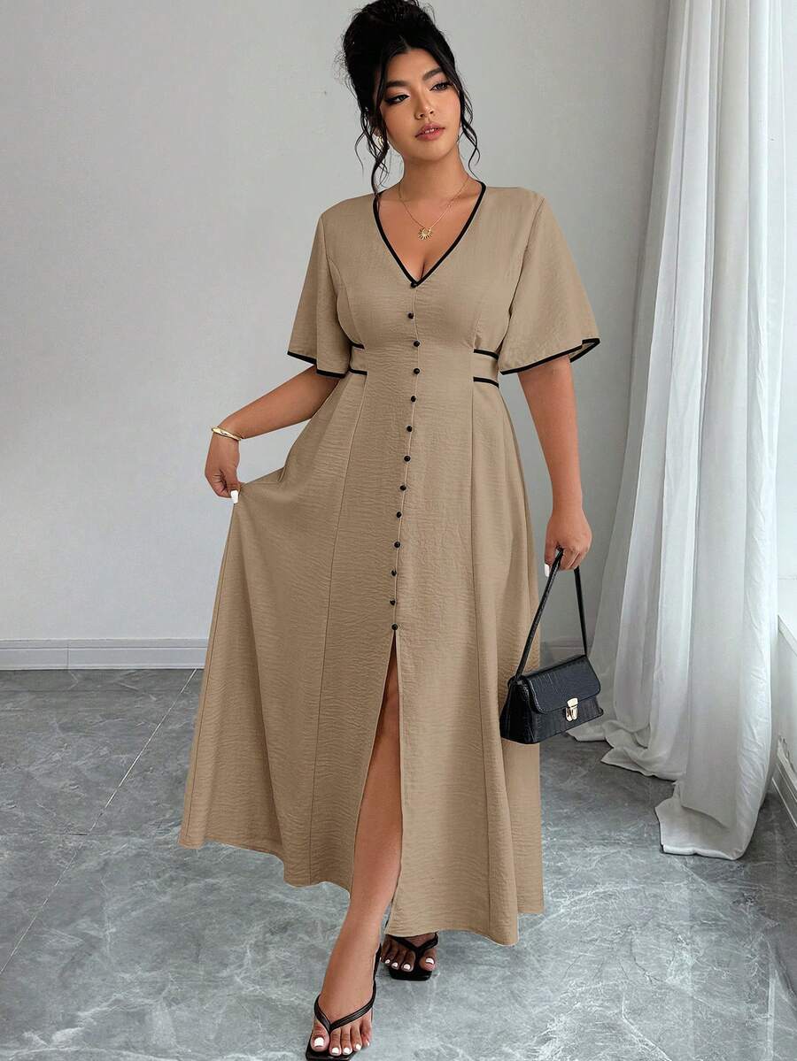 Elenzga Plus Size Color Block V-Neck High Slit Short Sleeve Dress - Khaki - View 1