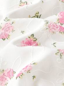 Vestido midi elegante de vacaciones y con cintura ceñida, estampado floral, volantes y encaje en parches, de una sola hilera de botones para mujer - Celeste - Ver 11