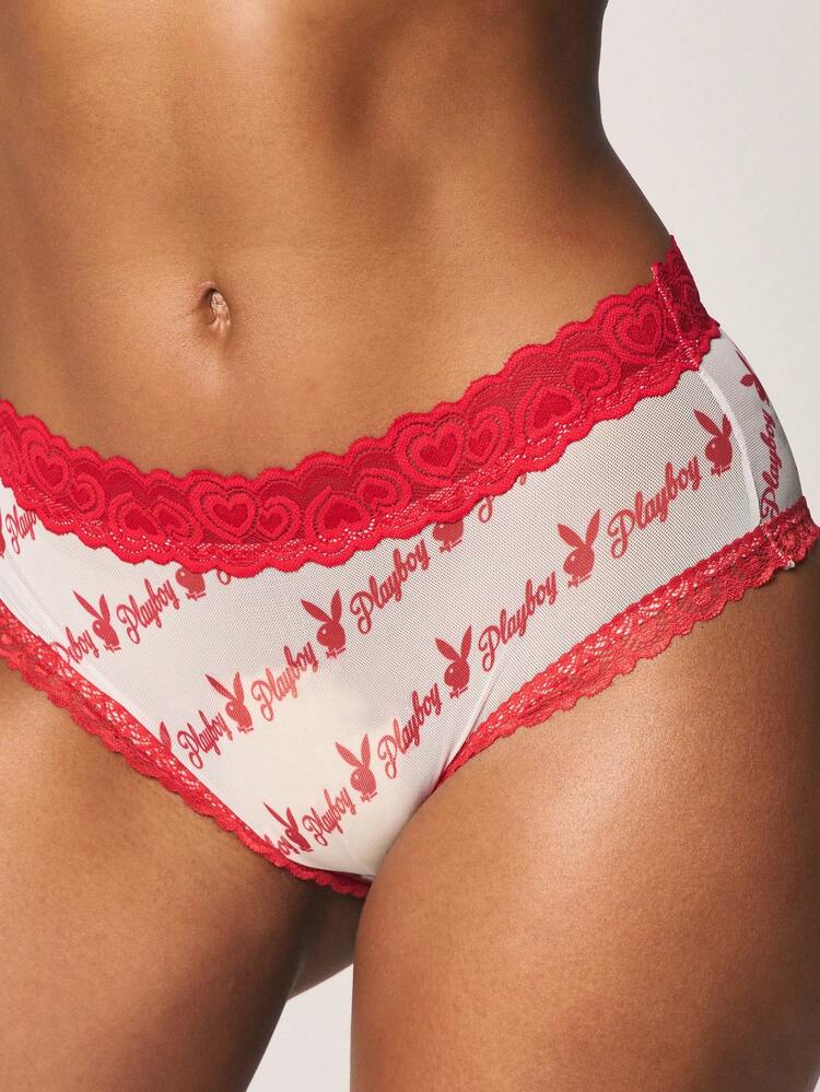 Missguided x Playboy Printed Bunny Logo Hipster Brief With Decorative Lace Trim Valentine Day Gift Lingerie Underwear