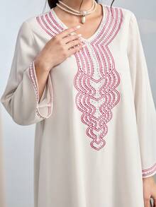 Al Najma Vestido holgado de estilo árabe con mangas acampanadas y bordado de perlas falsas para mujer - Albaricoque - Ver 4