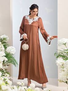 Al Najma Women's Elegant Long Sleeve Turkish Kaftan & Arabic Traditional Maxi Dress - Brown - View 5