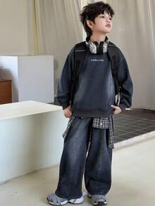 Dazy Kids 青少年男孩字母印花圆领长袖上衣和牛仔裤休闲套装