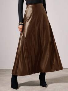 COSMINA Damen eleganter Schirm-Saum Langrock aus PU-Leder, Herbst/Winter - Kaffeebraun - Übersicht 5