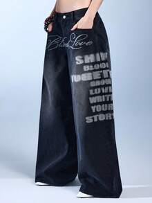 ROMWE Avant Quần jeans ống rộng rách rưới dành cho nữ với họa tiết phối màu và khẩu hiệu tiếng Anh. - màu đen - Xem 5