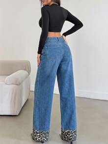 SHEIN Tall HIGH RISE WIDELEG JEAN WITH LEOPARD TALL - Medium Wash - View 2