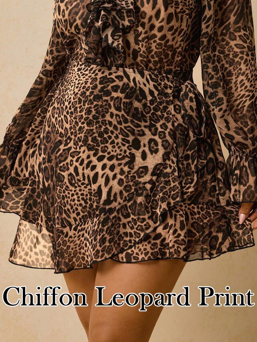 Travachic Plus Size Women Leopard Print Wrap Tie Waist Skirt, Ruffle Hem Chiffon Mini Skirt Cheetah Print - Multicolor - View 1