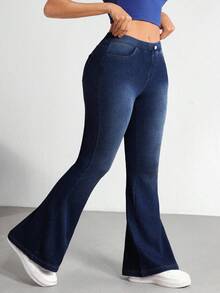 Flexra Quần jeans ống loe dáng ôm, nâng ngực, đa năng dành cho nữ cỡ lớn, thích hợp mặc hàng ngày đi làm. - Rửa tối - Xem 4