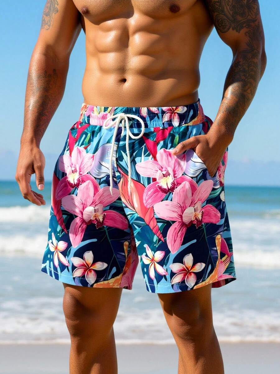 Manfinity Swimmode Pantalones cortos casuales de playa con estampado floral colorido para hombres - Azul - Ver 1