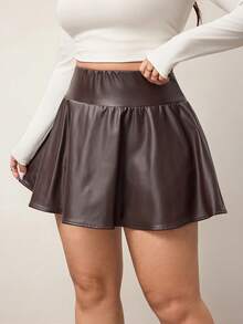 Enliva Plus Size Ladies Brown Faux Leather Mini Skirt With Built-In Shorts And Pockets, For Apple Rounded Body Shape - Chocolate Brown - View 8
