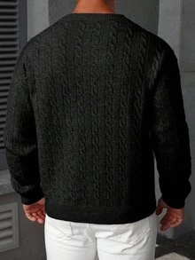 Manfinity Homme 男士休闲麻花针织V领长袖毛衣，秋冬男士麻花针织毛衣，男士V领罗纹毛衣 - 黑色 - 查看 2