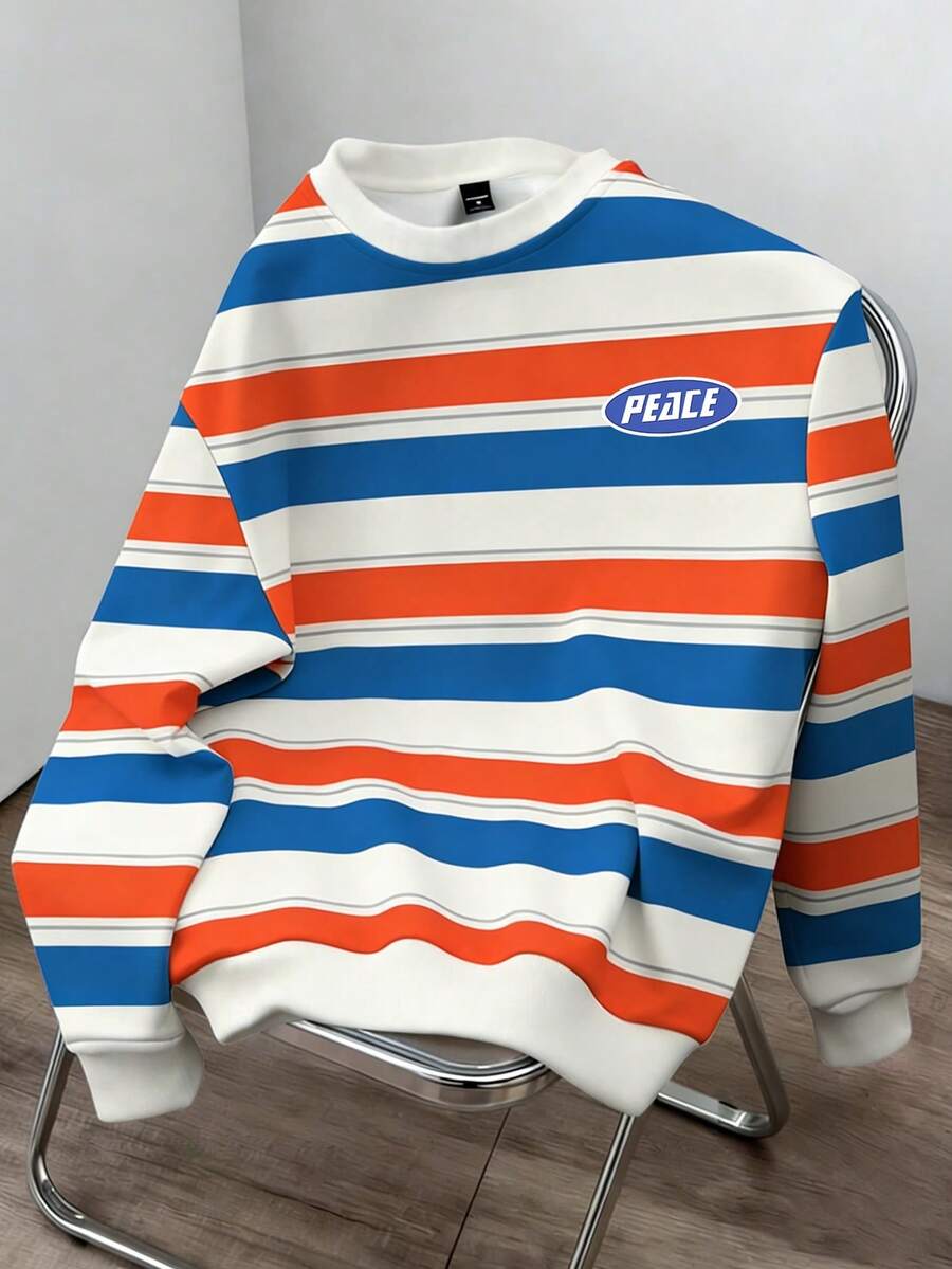 Manfinity Joysei Felpa casual da uomo con stampa a lettere e righe, spalle cadenti, vestibilità morbida, adatta per uso quotidiano e pendolarismo, primavera/autunno