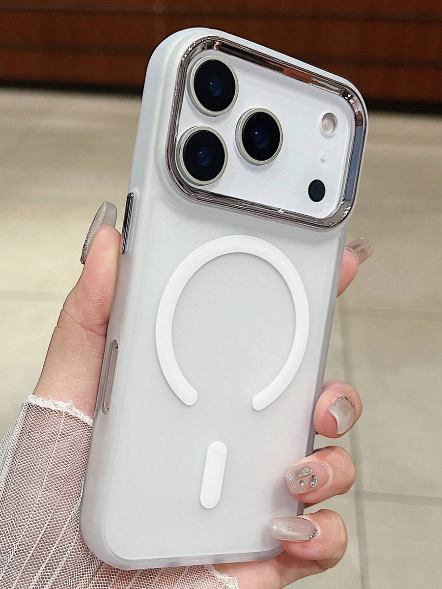 1pc Electroplated Camera Skin Feel Matte Phone Case Compatible With IPhone 17 Pro Max Magnetic Wireless Charge PC Cover - White - View 1