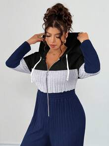 EMERY ROSE Plus Size V-Neck Ring Zipper Decor Long Sleeve Soft Knitted Ribbed Fuzzy Tricolor Contrast Splice Casual Jumpsuit, Home Jumpsuit - Multicolor - View 6
