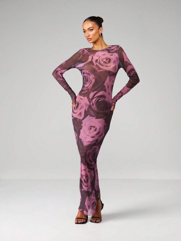 MISSGUIDED Elegant High Neck Long Sleeve Rose Print Maxi Dress Bodycon Fitted Evening Formal Party Fall Winter Floral Purple