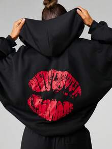 MISSGUIDED Kiss Print Red Lips Graphic Full Zip Hooded Sweatshirt For Fall Winter Casual Streetwear Style - Black - View 1