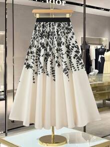 GlowEve Bộ sưu tập thời trang nữ mùa xuân/hè mới, thanh lịch, giản dị, thích hợp mặc ngoài trời, chân váy chữ A in hoa tối giản, lý tưởng cho công sở. - Đen và trắng - Xem 4