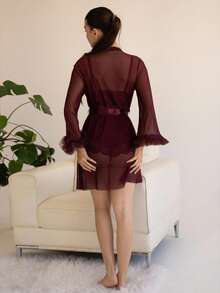 Andrea Bello 3pcs Lace Splice Sexy Camisole Shorts + 3D Trim Wide Sleeve Mesh Robe Set - Maroon - View 2