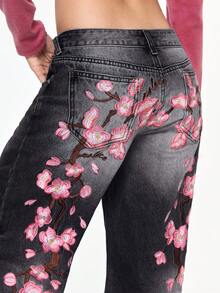 ROMWE Grunge Punk Quần jeans dáng rộng phong cách Y2K Streetwear với họa tiết hoa anh đào thêu. - màu đen - Xem 4