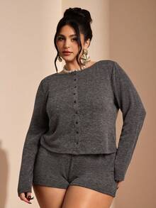 SHEIN BAE Bộ 2 món áo dài tay và quần short màu đen và xám cỡ lớn dành cho nữ, thanh lịch và thời trang - Màu xám đen - Xem 4